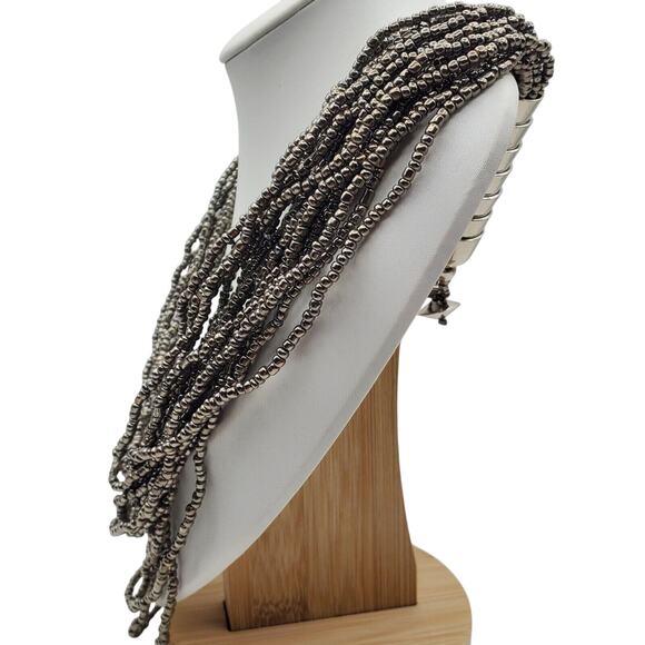 Multi Strand Gunmetal Gray Seed Bead Necklace Torsade Statement Layered Metallic - Picture 1 of 9